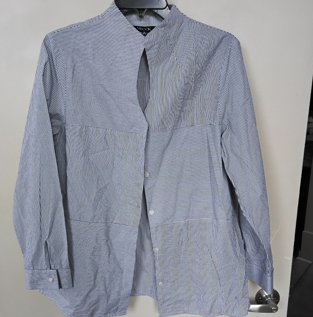 Striped Lightweight Mandarin-Collar Shirt Jacket - Blue